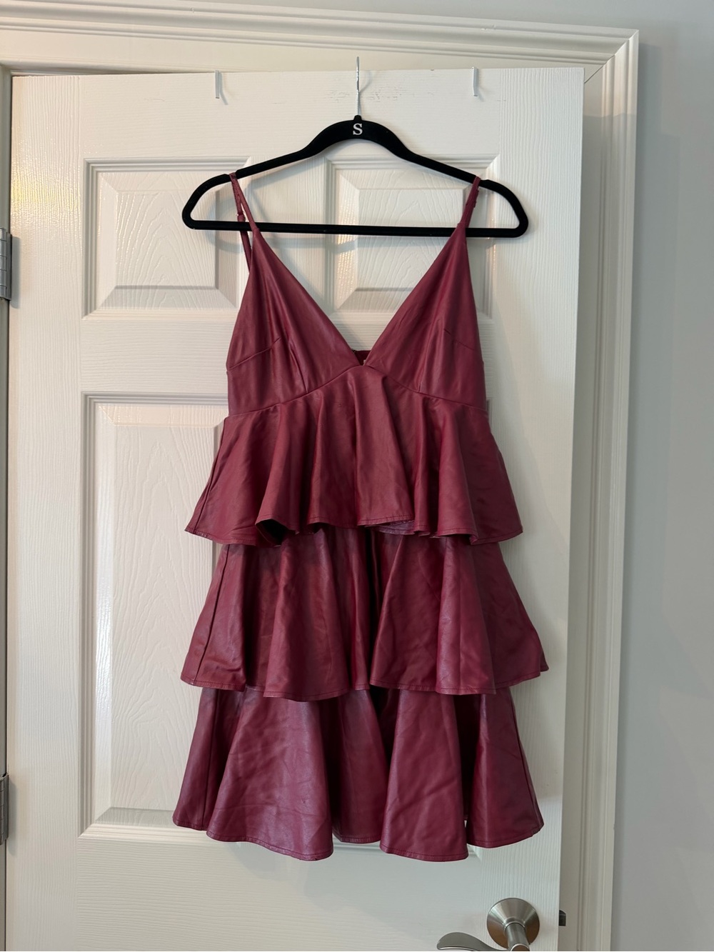 TCEC Wine Faux-Leather Tiered V-Neck Mini Dress